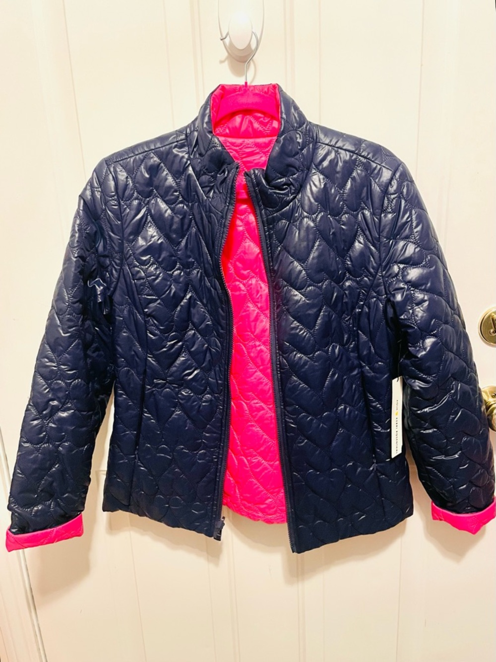 Aqua x Kerri Rosenthal Reversible Quilted Heart Jacket - Navy and Hot Pink
